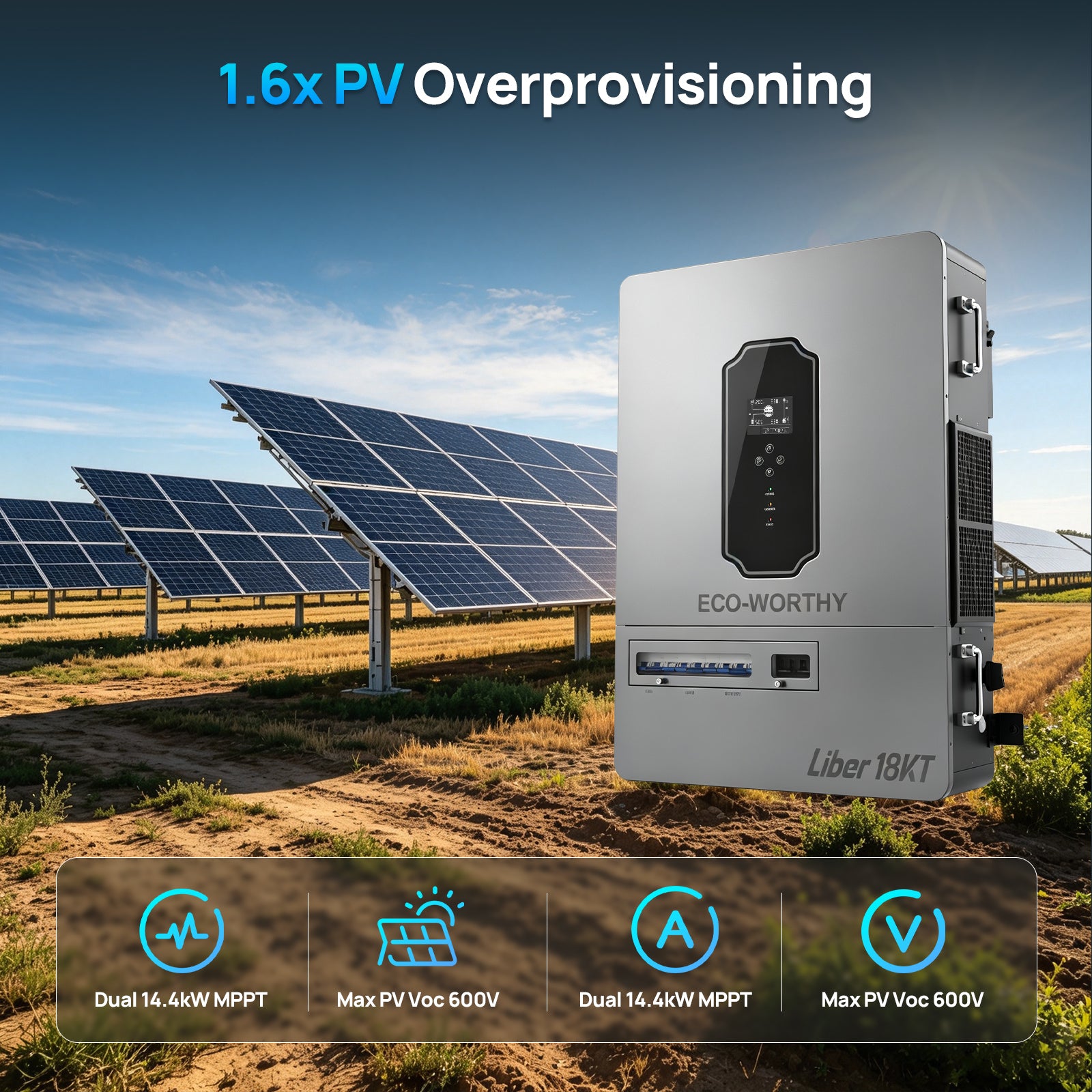 ECO-WORTHY Liber 18KT Off-grid Three-phase Inverter | 18KW 120/208Y Vac Output | 28.8KW PV Input | 360A Charge/Discharge Current