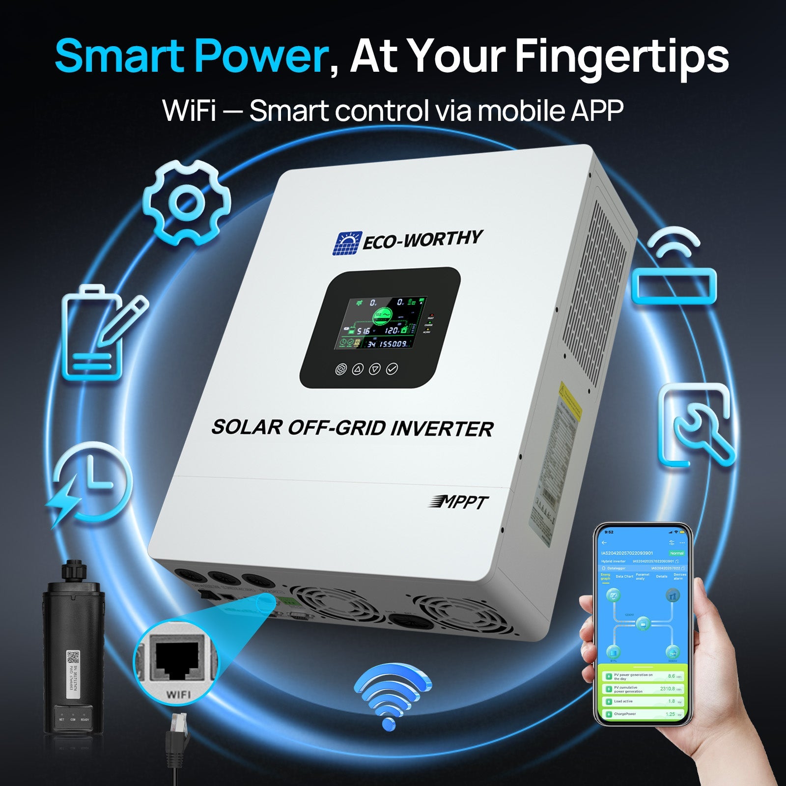 5000W Solar Off - grid AIO Inverter, 48Vdc to 120Vac, 5500W@500V PV Input, UL1741 - charge inverter - ECO - WORTHY