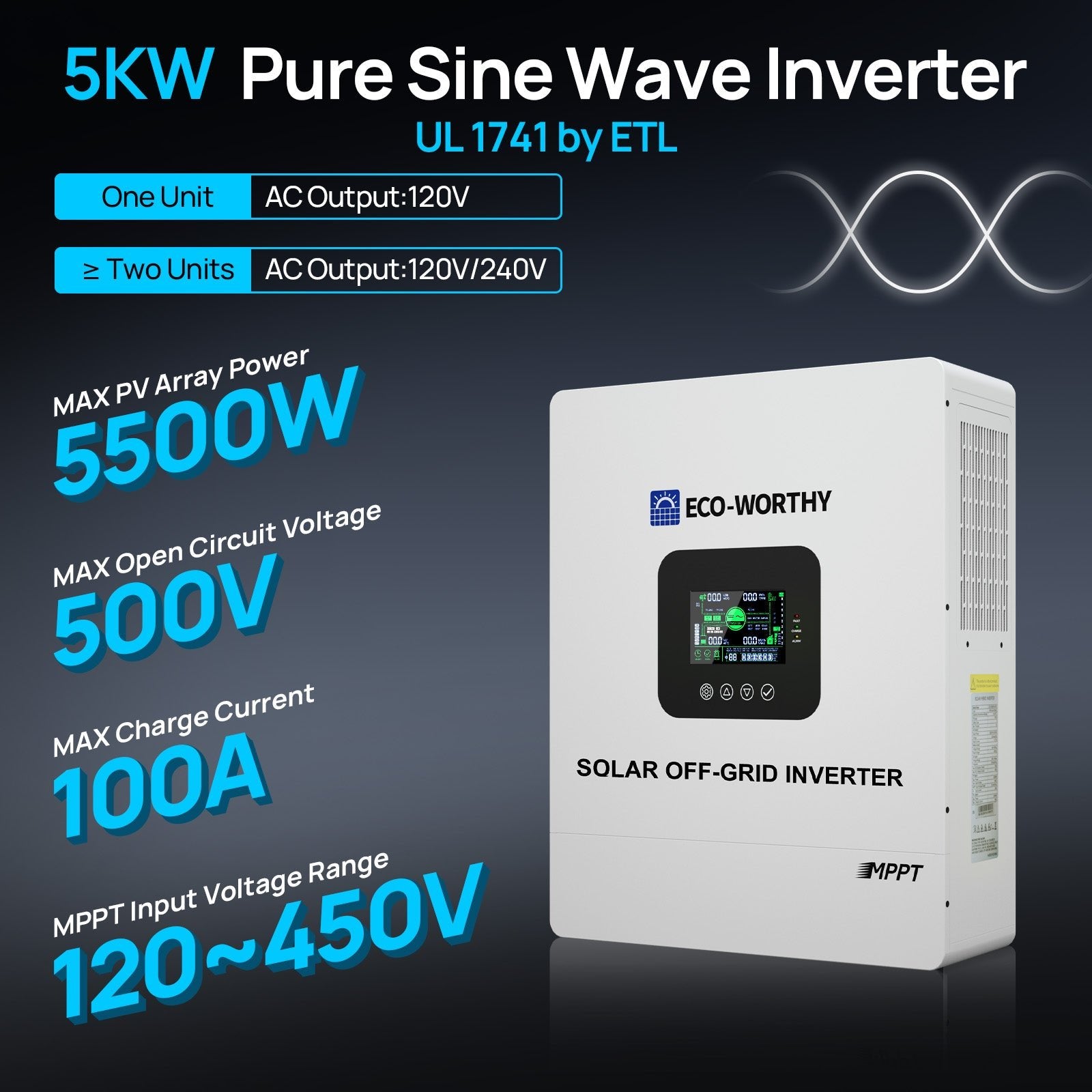5000W Solar Off - grid AIO Inverter, 48Vdc to 120Vac, 5500W@500V PV Input, UL1741 - charge inverter - ECO - WORTHY