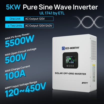 5000W Solar Off - grid AIO Inverter, 48Vdc to 120Vac, 5500W@500V PV Input, UL1741 - charge inverter - ECO - WORTHY