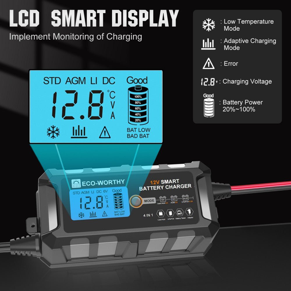 5A & 10A 12V Smart Battery Charger with LCD Display for Lithium (LiFePO4) Batteries - battery accessories - ECO - WORTHY