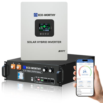 ECO-WORTHY 5.12KWh/10.24KWh Home Backup Power With 48V 100Ah LiFePO4 And  5000W 48V Hybrid Inverter