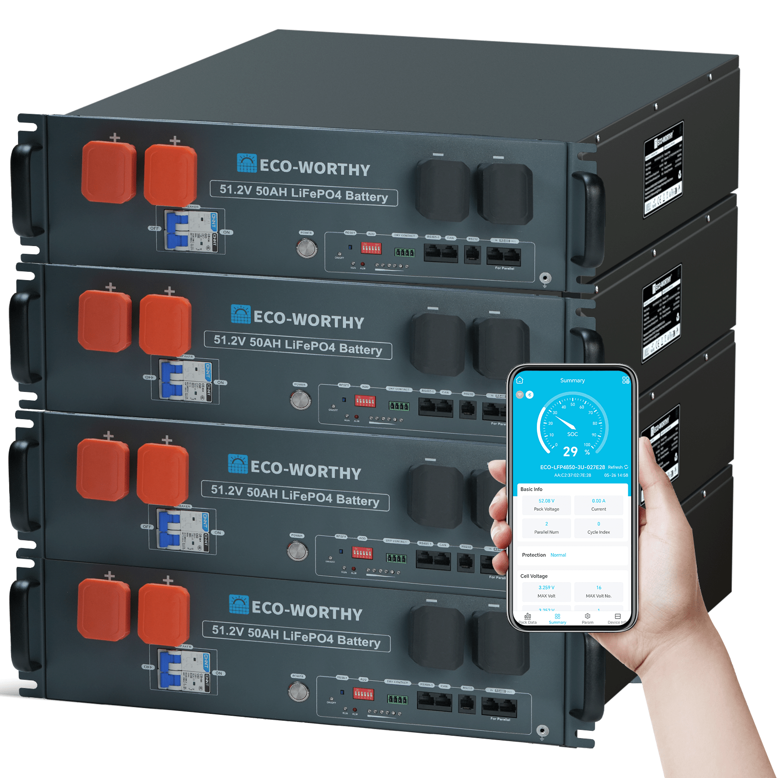 B2B - ECO - WORTHY 48V(51.2V) 50Ah Server Rack Battery,2.56kWh Lithium Battery,3U Size,With Bluetooth & Wifi - lithium battery - ECO - WORTHY