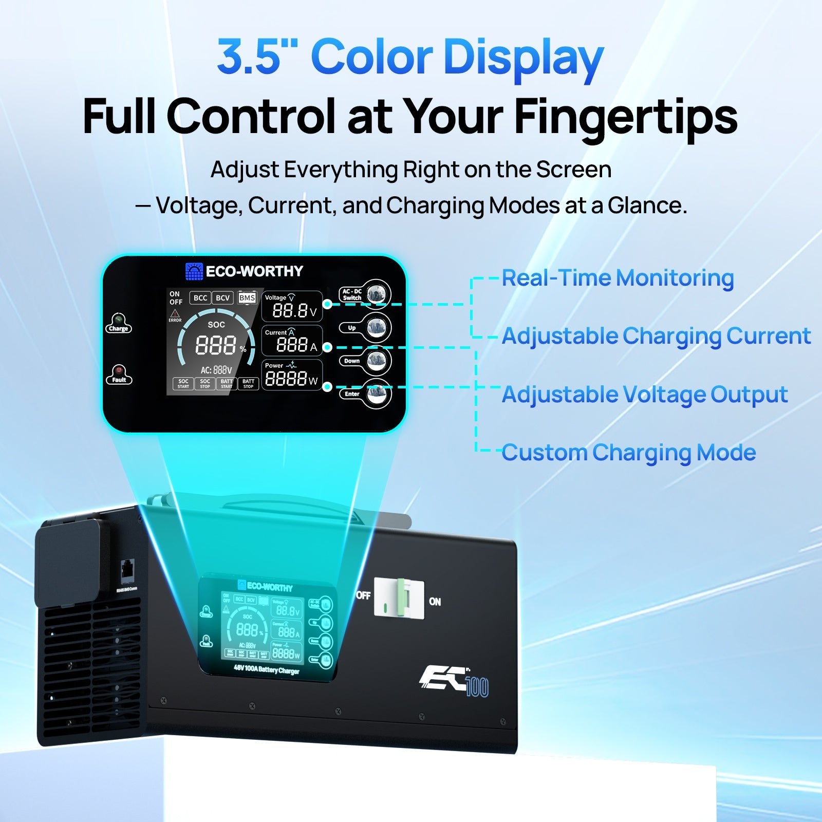 EC100 48V 100A Battery Charger | 5.78KW Max Output | Soft Start |120V 240V AC Input - battery accessories - ECO - WORTHY