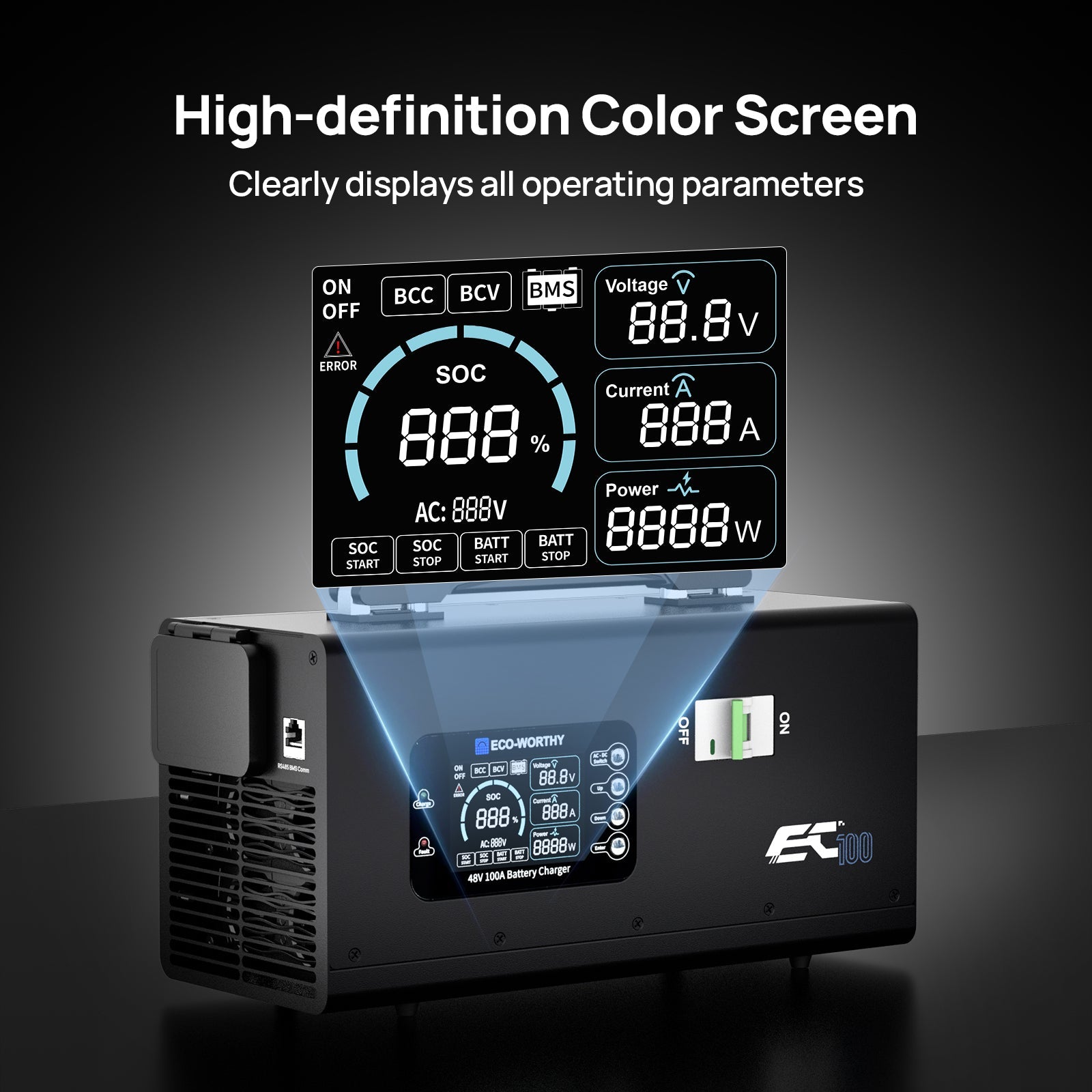 EC100 48V 100A Battery Charger | 5.78KW Max Output | Soft Start |120V 240V AC Input - battery accessories - ECO - WORTHY