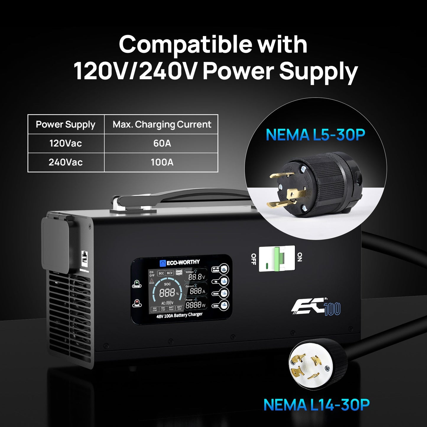 EC100 48V 100A Battery Charger | 5.78KW Max Output | Soft Start |120V 240V AC Input - battery accessories - ECO - WORTHY