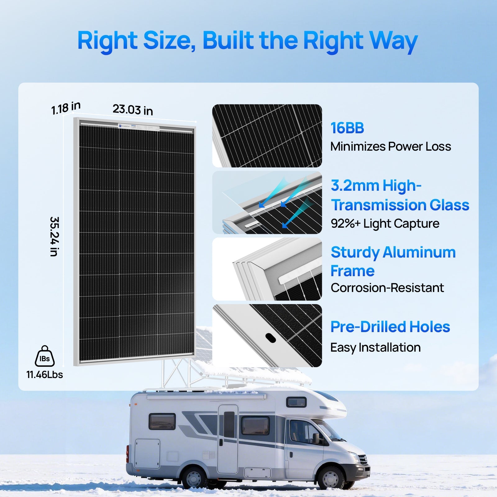 Eco - Worthy 100W 18V Monocrystalline Solar Panel High Efficiency Module RV Marine Boat Caravan Off Grid - Solar panel - ECO - WORTHY