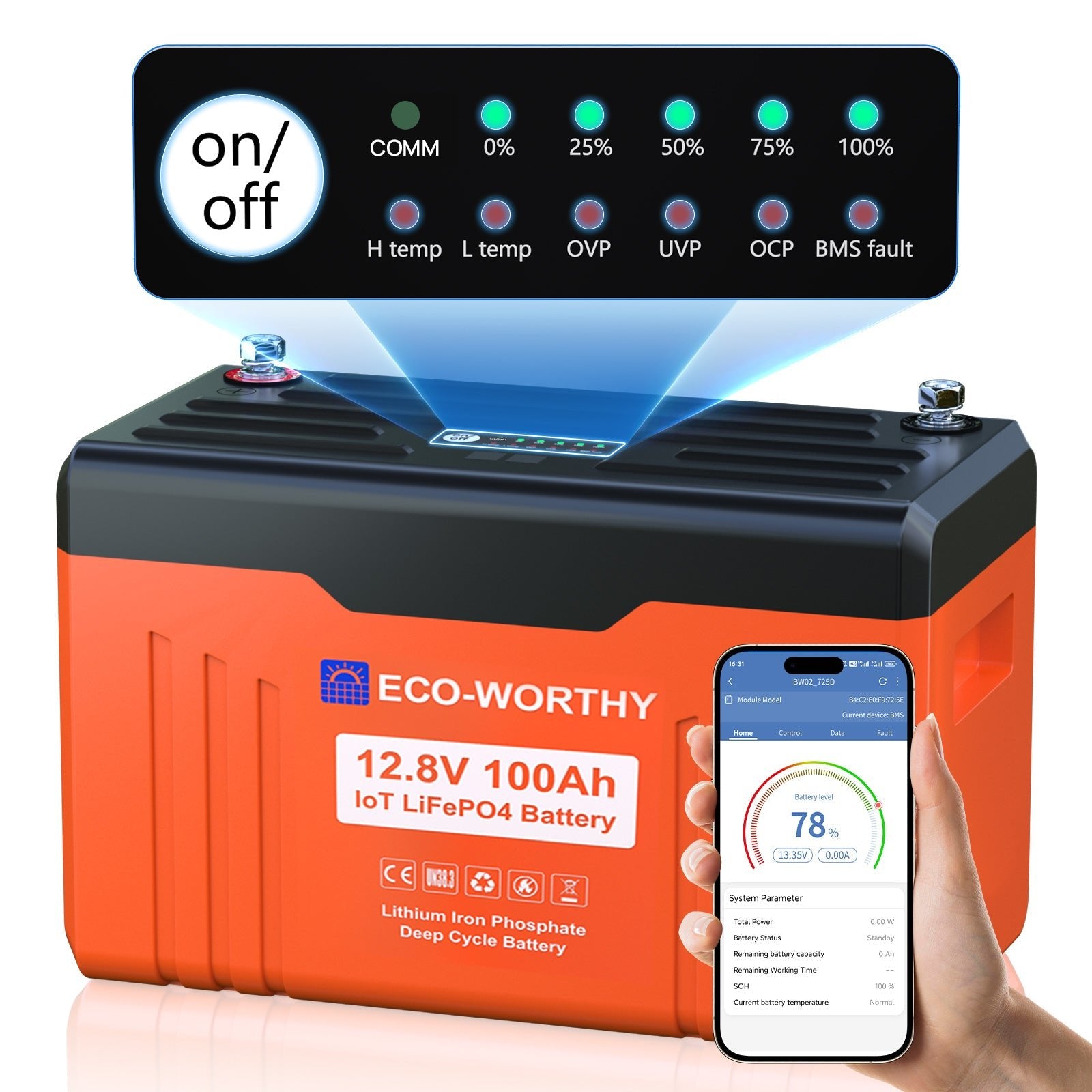 ECO - WORTHY 12V 100AH LiFePO4 Lithium Battery with SOC Display, Upgrade 2.0 with built - in Bluetooth, 100A BMS with Low - Temp Protection - lithium battery - ECO - WORTHY
