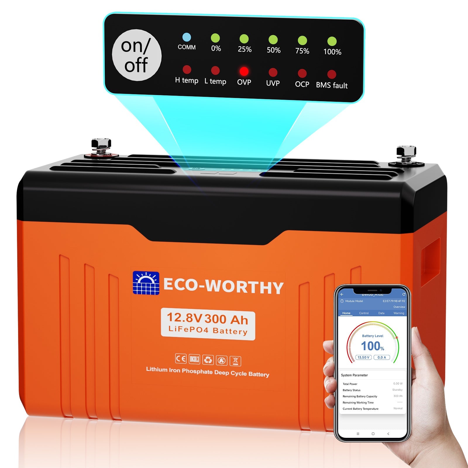ECO - WORTHY 12V 300AH Lifepo4 Lithium Battery Bluetooth with SOC LEDs and Low Temp Protection - lithium battery - ECO - WORTHY