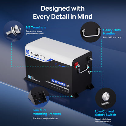 Eco-worthy 12V 400AH Metal Case LiFePO4 Lithium Battery with Bluetooth, Built in 250A BMS, Low-Temp Protection, 5120Wh Max for RV, Camper, Travel Trailer, Off-Grid - lithium battery - ECO-WORTHY