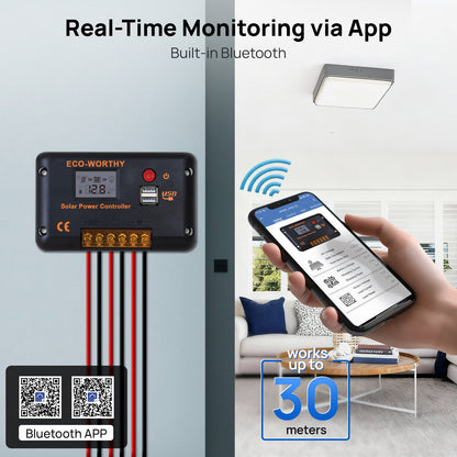 Eco-worthy 12V/24V 30A PWM LCD Display Solar Charge Controller Regulator with Bluetooth - charge controller - ECO-WORTHY