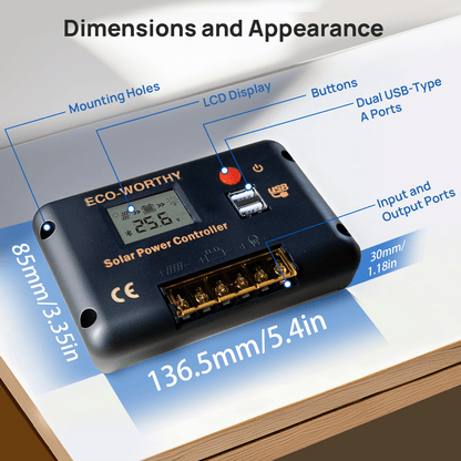 Eco-worthy 12V/24V 30A PWM LCD Display Solar Charge Controller Regulator with Bluetooth - charge controller - ECO-WORTHY