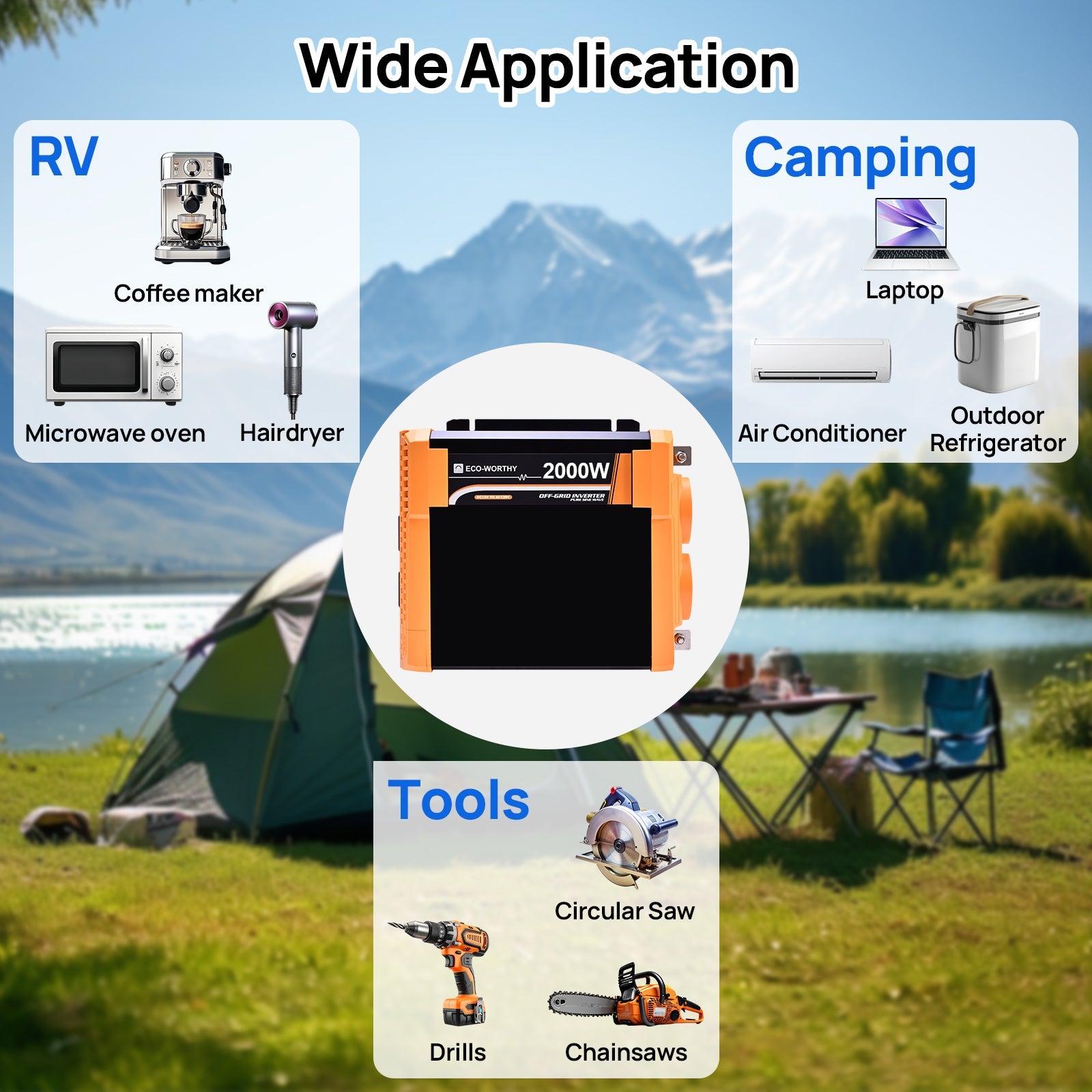 ECO - WORTHY 2000W Pure Sine Wave Inverter 12V to 120V AC with USB & Remote - INVERTER - ECO - WORTHY