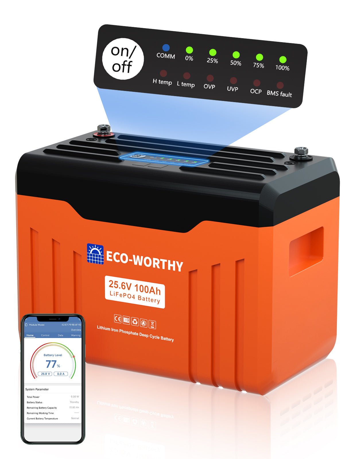 ECO-WORTHY 24V 100Ah Bluetooth Lithium Battery with BMS - lithium battery