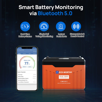 ECO - WORTHY 24V 100Ah Bluetooth Lithium Battery with BMS - lithium battery - ECO - WORTHY