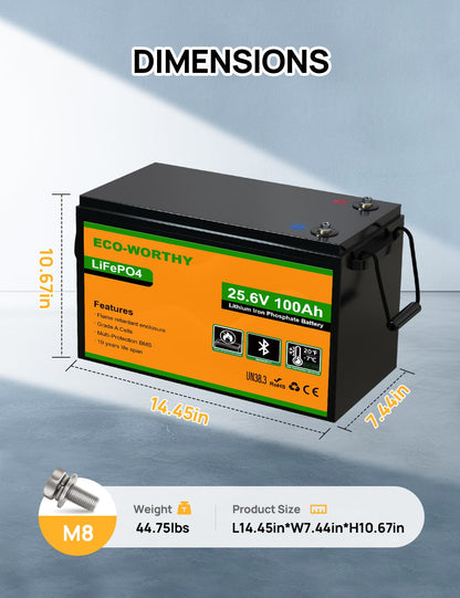 ECO-WORTHY 24V 100Ah LiFePO4 Lithium Battery, Upgraded Bluetooth Version, Deep Cycle Rechargeable Battery with Low - Temp Protection - lithium battery