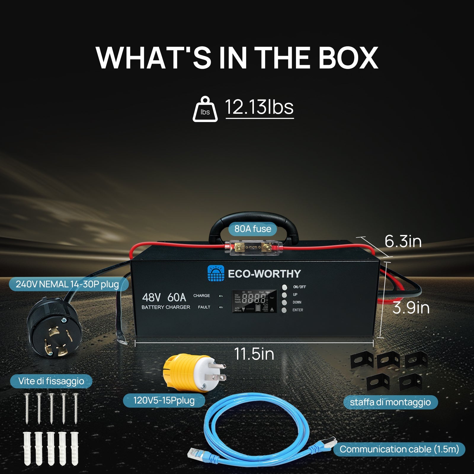 ECO - WORTHY 48V 60A Battery Charger | 3.2KW Max Output | Soft Start |120V 240V AC Input | (Version2) - battery accessories - ECO - WORTHY