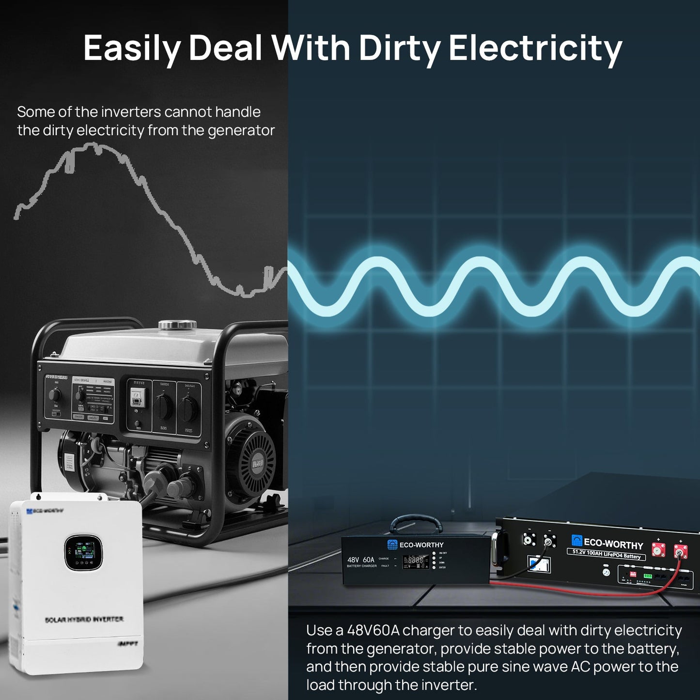 ECO - WORTHY 48V 60A Battery Charger | 3.2KW Max Output | Soft Start |120V 240V AC Input | (Version2) - battery accessories - ECO - WORTHY