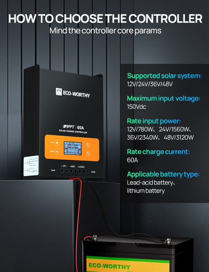 ECO-WORTHY 60A MPPT Solar Charge Controller with Bluetooth & WiFi | Max PV Input 150V,12/24/36/48V Solar Panel Regulator for Lead-Acid/Lifepo4 Battery...