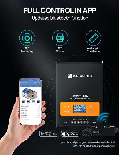 ECO-WORTHY 60A MPPT Solar Charge Controller with Bluetooth & WiFi | Max PV Input 150V,12/24/36/48V Solar Panel Regulator for Lead-Acid/Lifepo4 Battery...