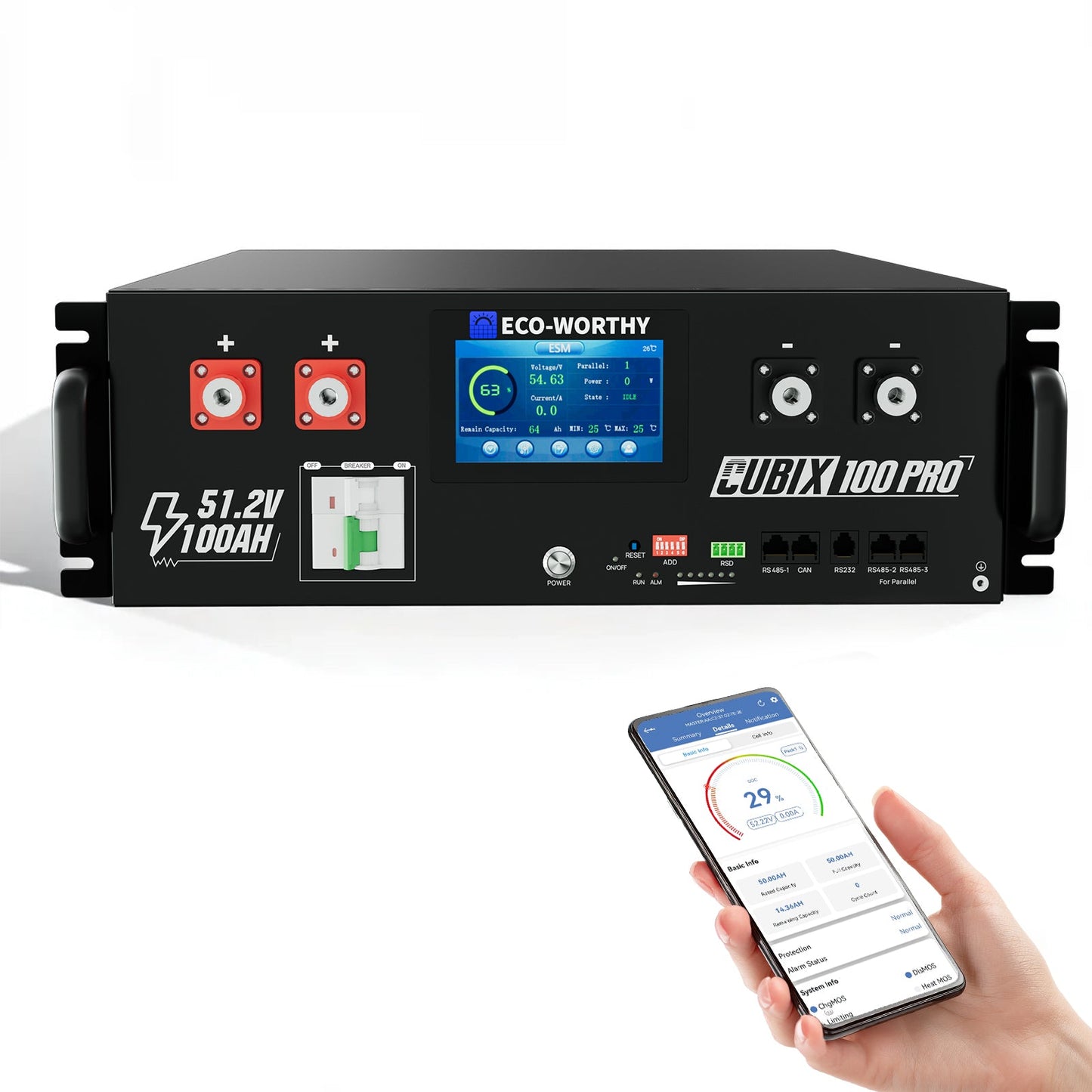 ECO - WORTHY Cubix 100 Pro | 48V 100AH Server Rack Battery | Bluetooth & WiFi | Low - Temp Ready | 10 Years Warranty - lithium battery - ECO - WORTHY