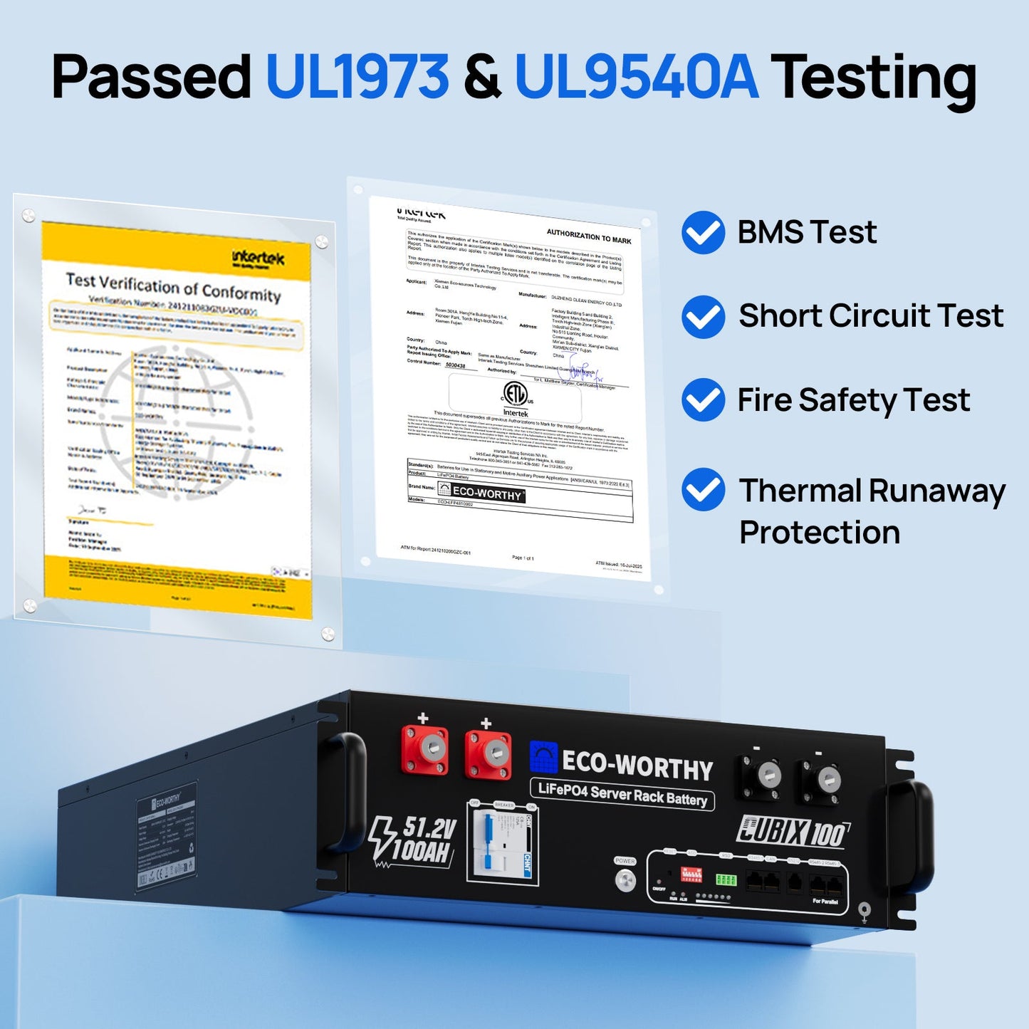 Eco - Worthy Cubix100 48V 100Ah Server Rack Battery | Bluetooth & WiFi | 10 Years Warranty | UL9540 | UL1973 | UL9540A | CEC Listed - lithium battery - ECO - WORTHY