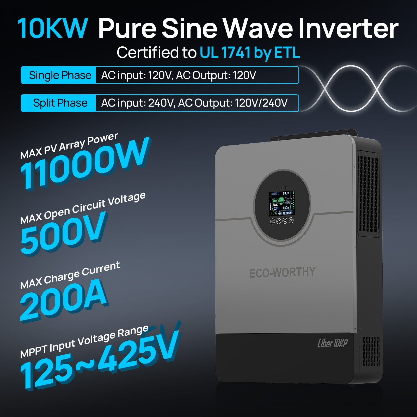 ECO-WORTHY Liber 10KP Split-phase AIO Solar Inverter | 48Vdc to 120Vac/240Vac | 10000W@500V PV Input | UL 1741 - charge inverter - ECO-WORTHY