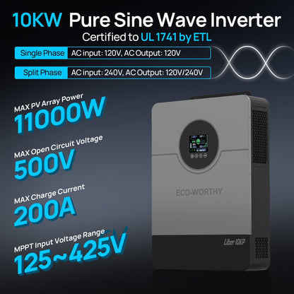ECO-WORTHY Liber 10KP Split-phase AIO Solar Inverter | 48Vdc to 120Vac/240Vac | 10000W@500V PV Input | UL 1741 - charge inverter - ECO-WORTHY