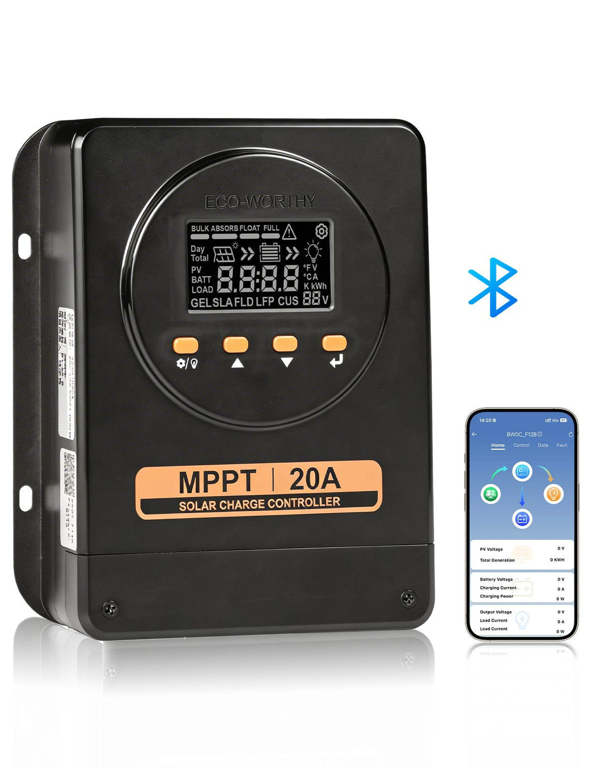 ECO-WORTHY MPPT Solar Charge Controller 12V/24V 20A with Bluetooth - ECO-WORTHY