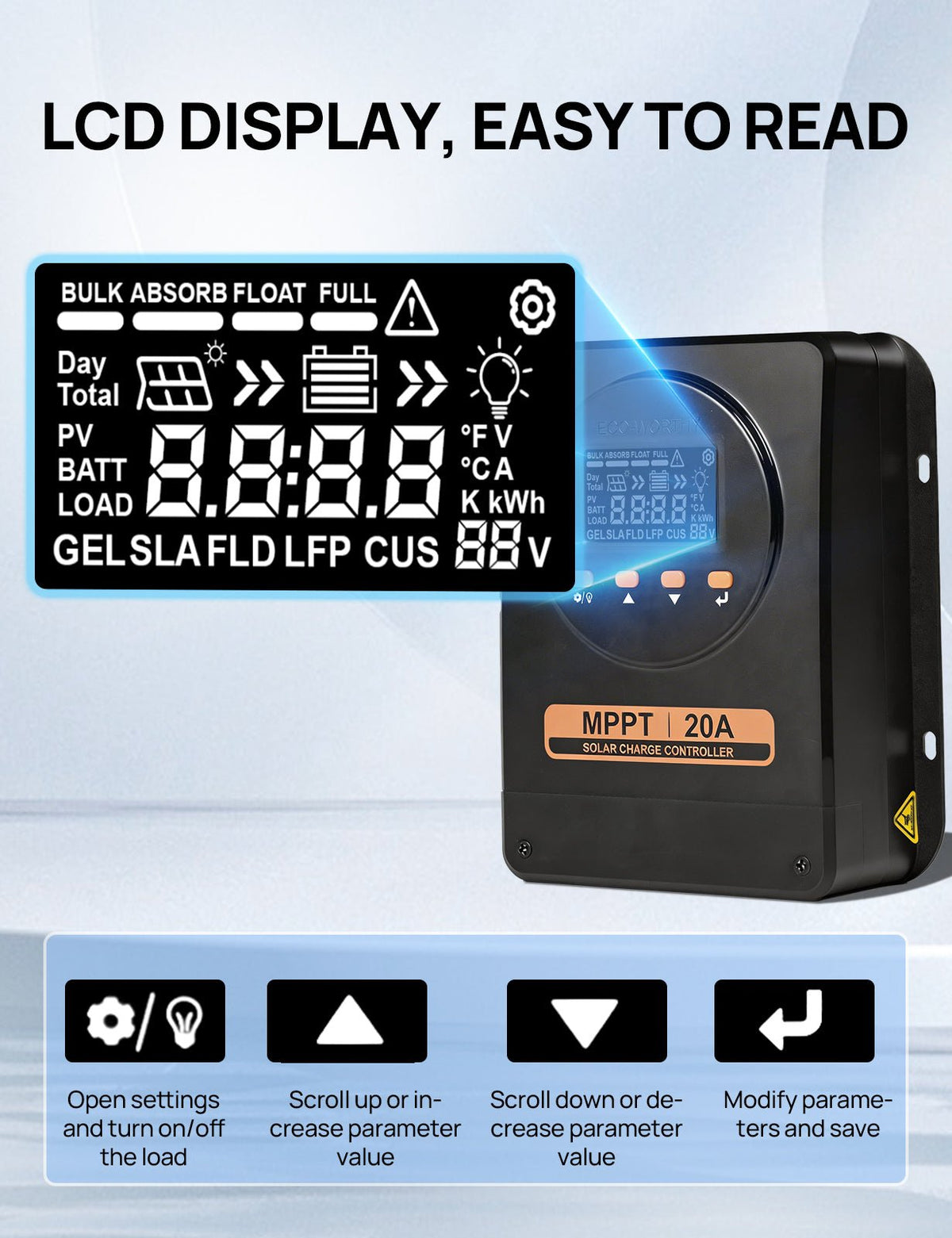 ECO-WORTHY MPPT Solar Charge Controller 12V/24V 20A with Bluetooth - ECO-WORTHY