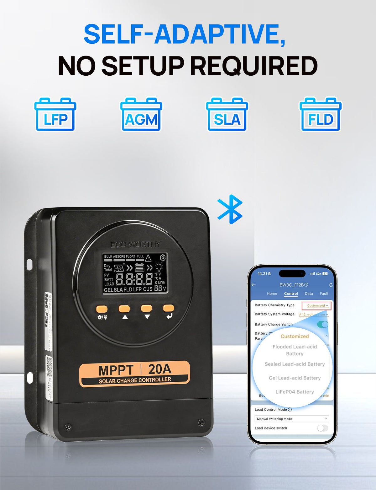 ECO-WORTHY MPPT Solar Charge Controller 12V/24V 20A with Bluetooth - ECO-WORTHY