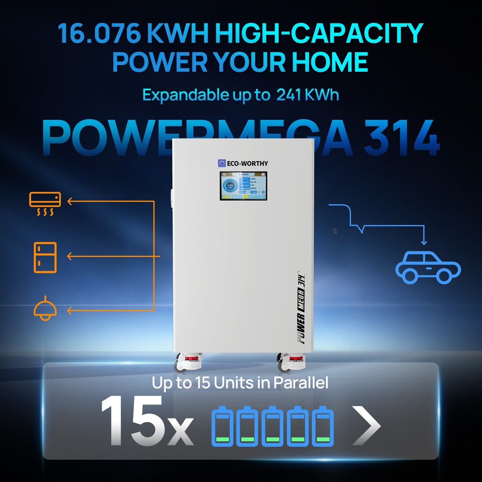 ECO - WORTHY PowerMega 314 Home Backup Power 16.08KWh 51.2V 314Ah Battery+5kW 48V Off Grid Inverter - lithium battery - ECO - WORTHY