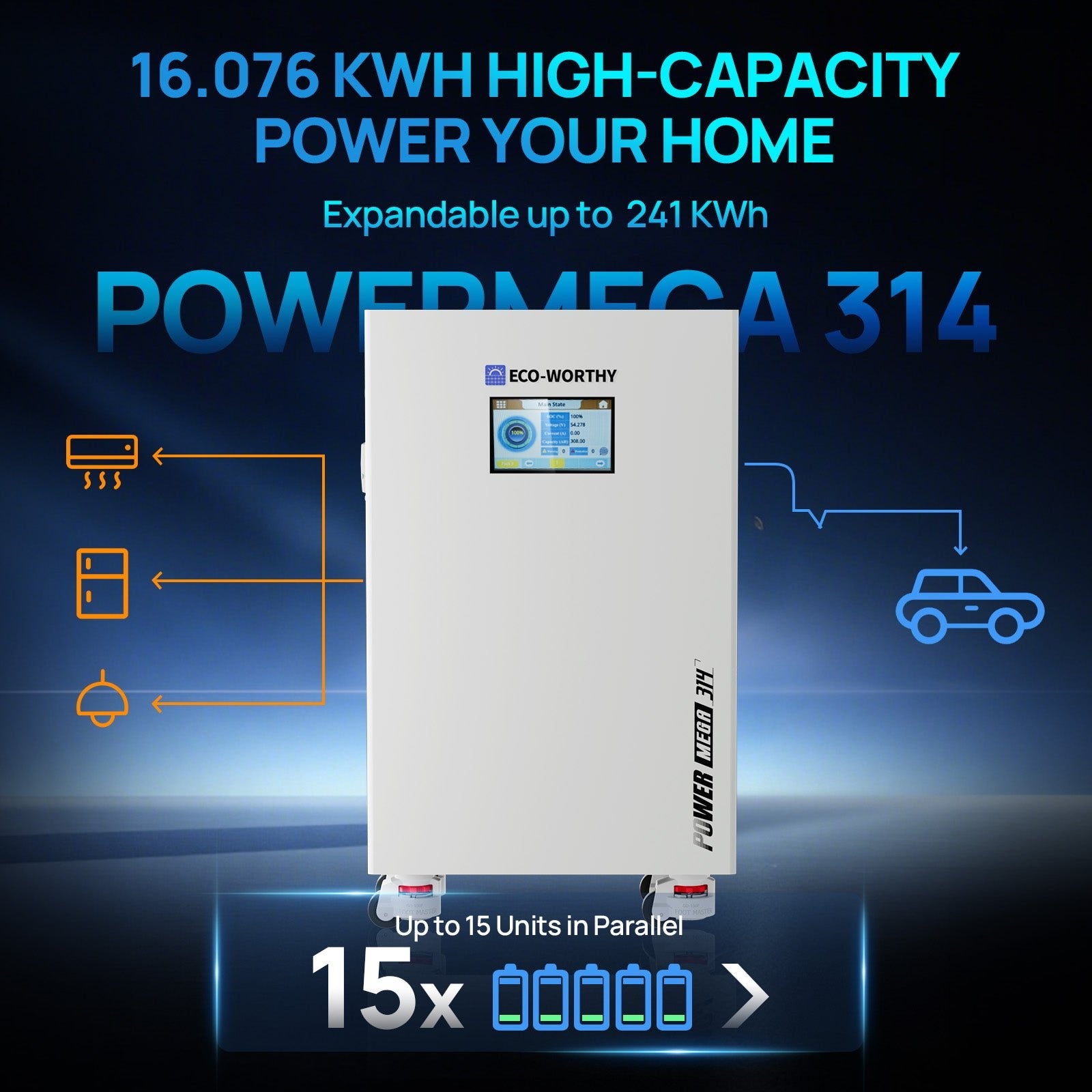 ECO - WORTHY PowerMega | 51.2V 314AH Lithium Battery | Bluetooth & WiFi | Active Balance | 10 Years Warranty - lithium battery - ECO - WORTHY