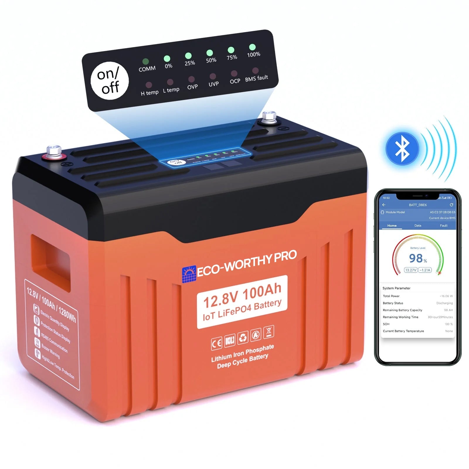 Eco - Worthy PRO 12V 100Ah LiFePO4 Lithium Battery with SOC Display - lithium battery - ECO - WORTHY