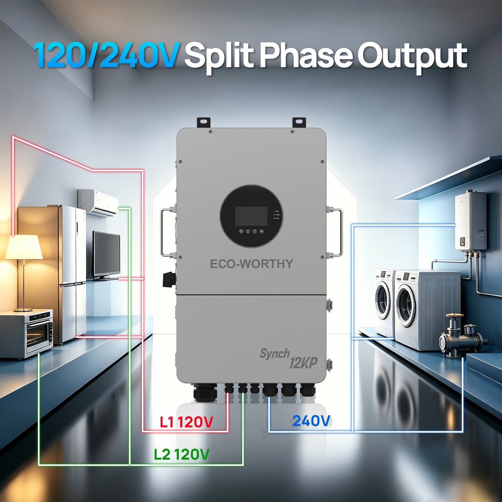 Eco-Worthy Synch 12KP Split-Phase Solar Hybrid Inverter | 48Vdc to 120Vac/240Vac | 13200W@550V PV Input - charge inverter - ECO-WORTHY