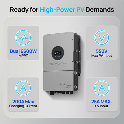 Eco-Worthy Synch 12KP Split-Phase Solar Hybrid Inverter | 48Vdc to 120Vac/240Vac | 13200W@550V PV Input - charge inverter - ECO-WORTHY