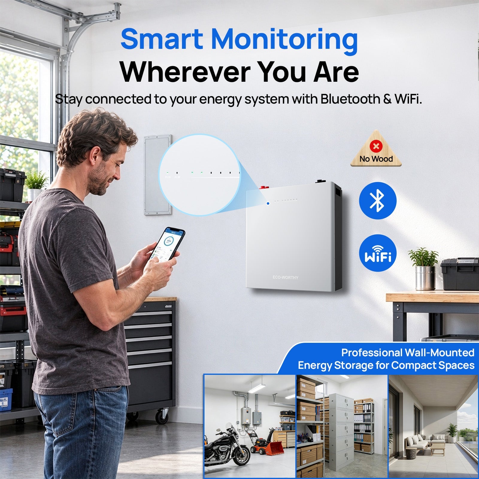 ECO-WORTHY WALLBANK S100 48V 100AH Wall-Mount Lithium Battery| Bluetooth & WiFi | 10 Years Warranty - lithium battery - ECO-WORTHY
