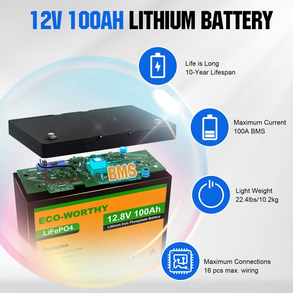 Eco-Worthy 12V 100AH LiFePO4 Lithium Battery Rechargeable BMS for RV Solar  Panel 
