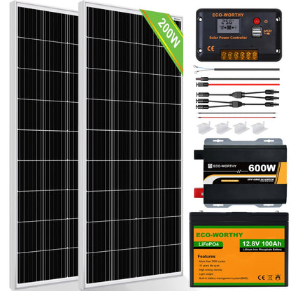 100W 200W 12V (1/2/x100W) Complete Off Grid Solar Panel Kit with Inverter +  Lithium