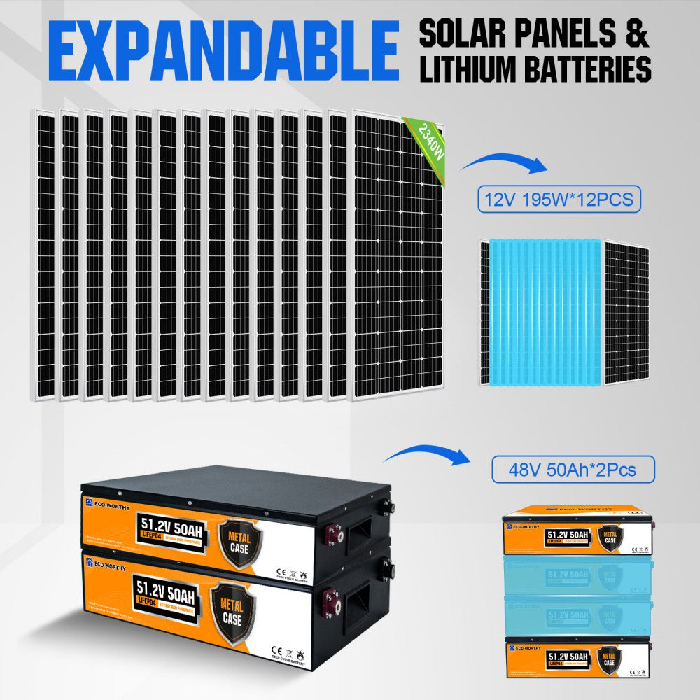 2340W 48V 12-195W Panel Off Grid Solar Panel Kits with 4.8kWh Lithium  Battery