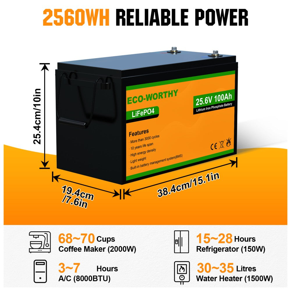 24V 100Ah 2560Wh Lithium LiFePO4 Battery Deep Cycle Lithium Iron Phosphate  Rechargeable Battery Built-in BMS, Perfect for