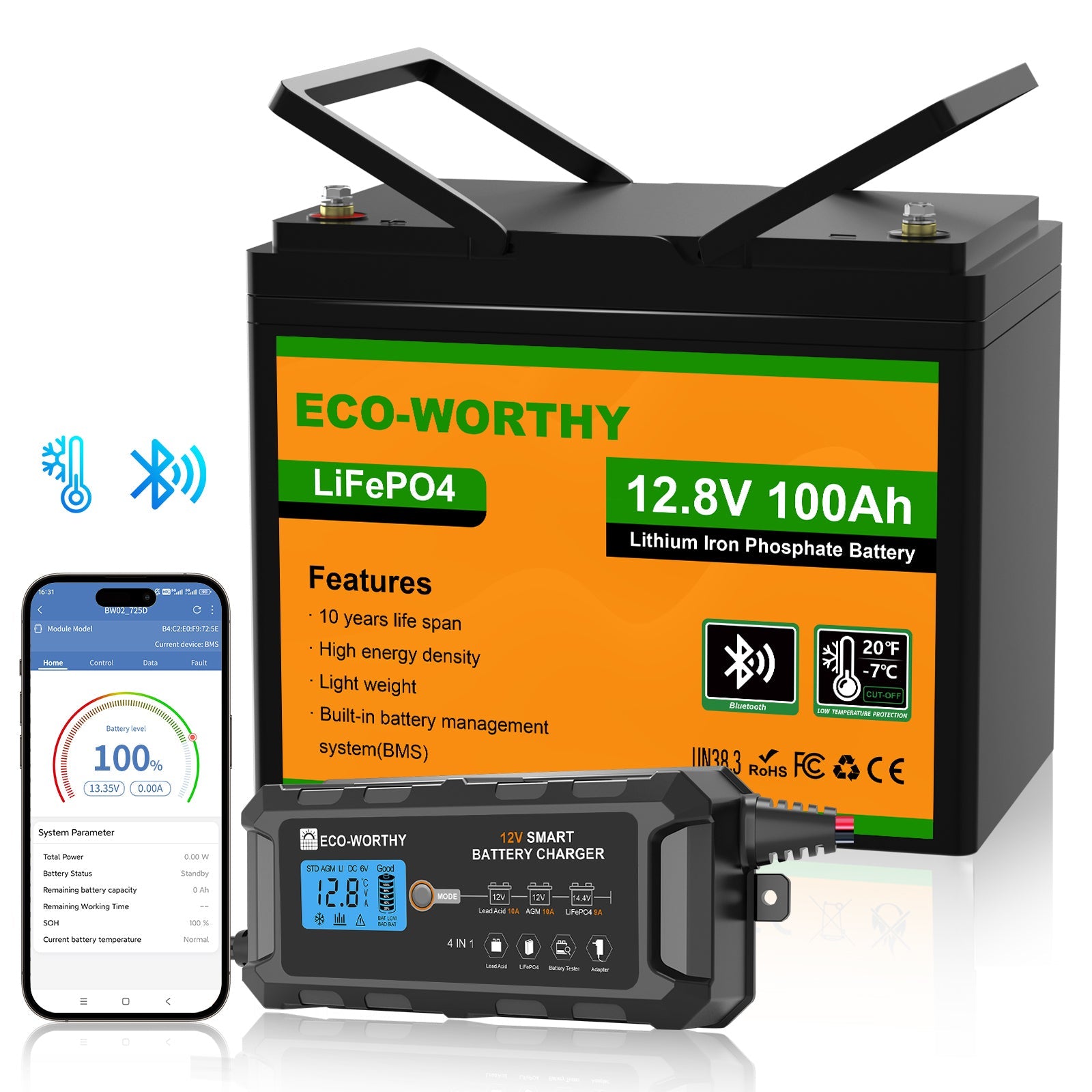 LiFePO4 12V 100Ah Lithium Iron Phosphate Battery With Bluetooth And Low - temperature Protection - lithium battery - ECO - WORTHY