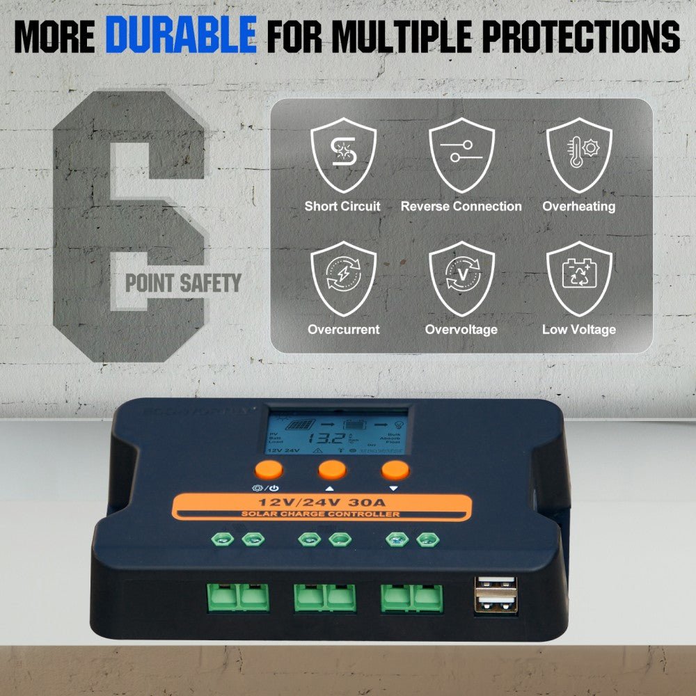 Upgraded 30A PWM Solar Charge Controller Regulator with Dual USB Port 12V/24V Autoswitch - charge controller - ECO - WORTHY