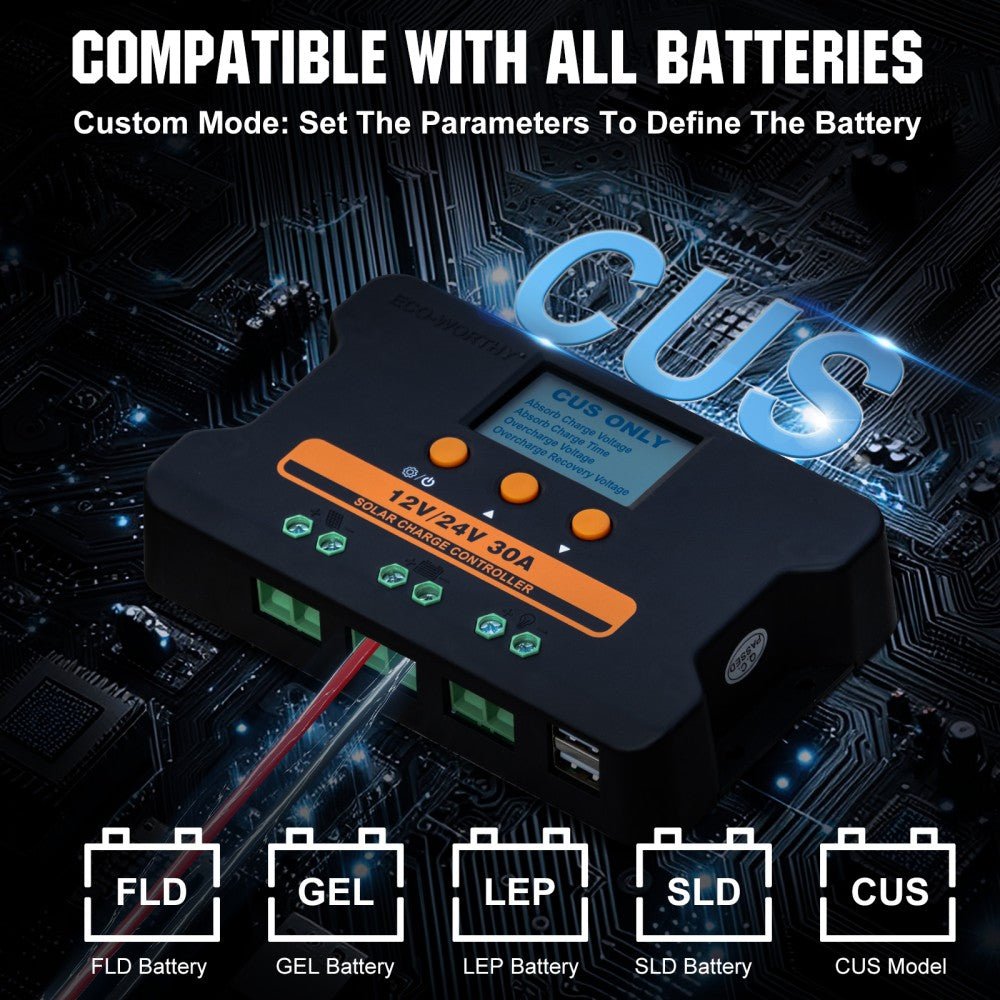 30A PWM Solar Charge Controller - 12V/24V LCD Display Dual USB, For RV/Home