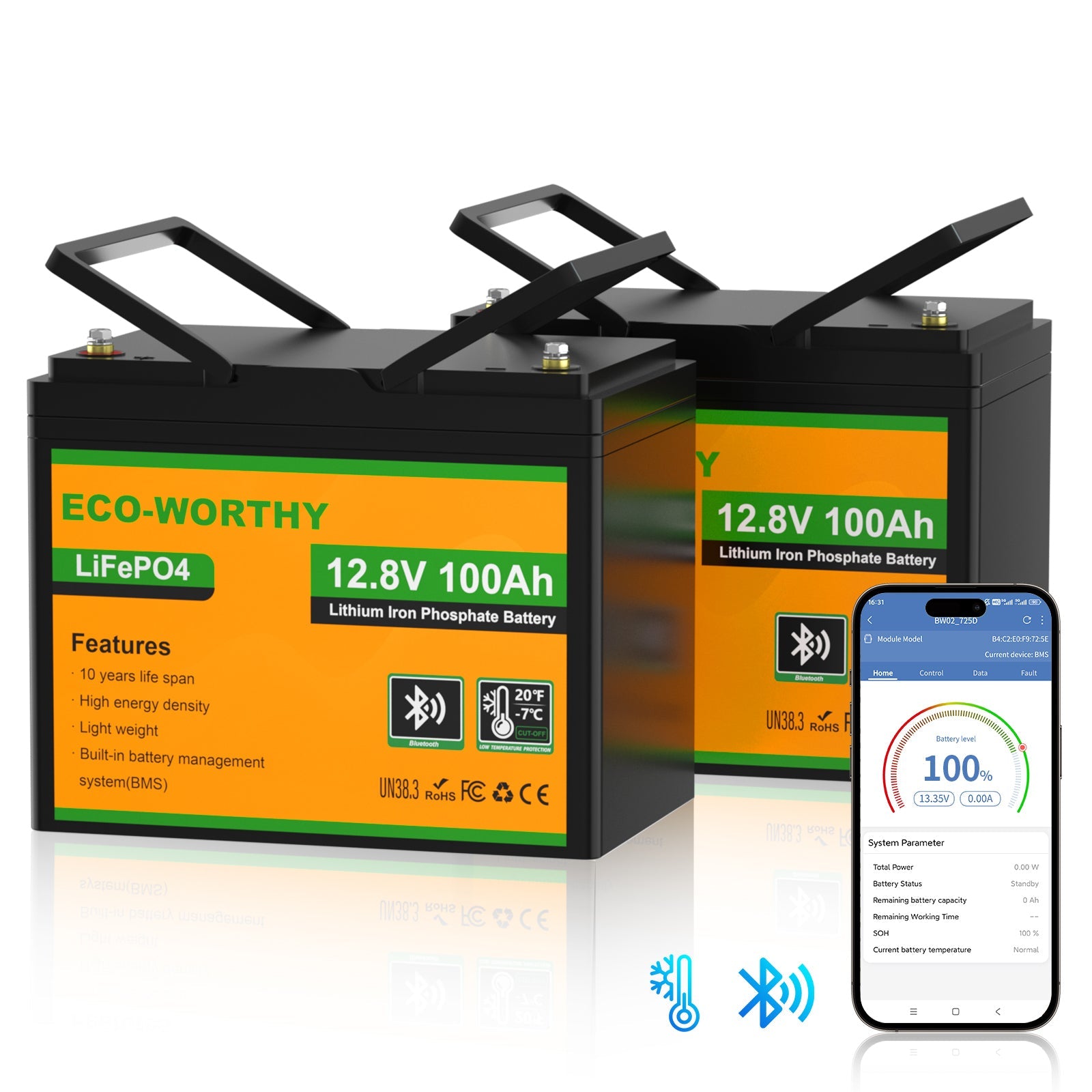 Upgraded LiFePO4 12V 100Ah Lithium Iron Phosphate Battery With Bluetooth,Low - temperature Protection,Dual Temperature Probes and Buzzer Fault Warning - lithium battery - ECO - WORTHY