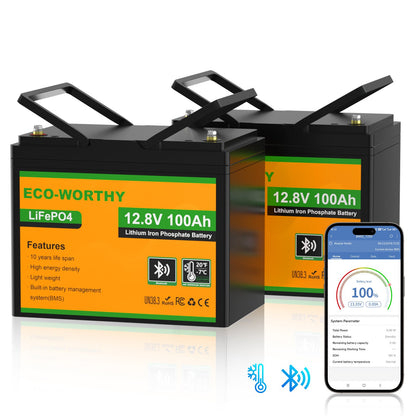 Upgraded LiFePO4 12V 100Ah Lithium Iron Phosphate Battery With Bluetooth,Low - temperature Protection,Dual Temperature Probes and Buzzer Fault Warning - lithium battery - ECO - WORTHY
