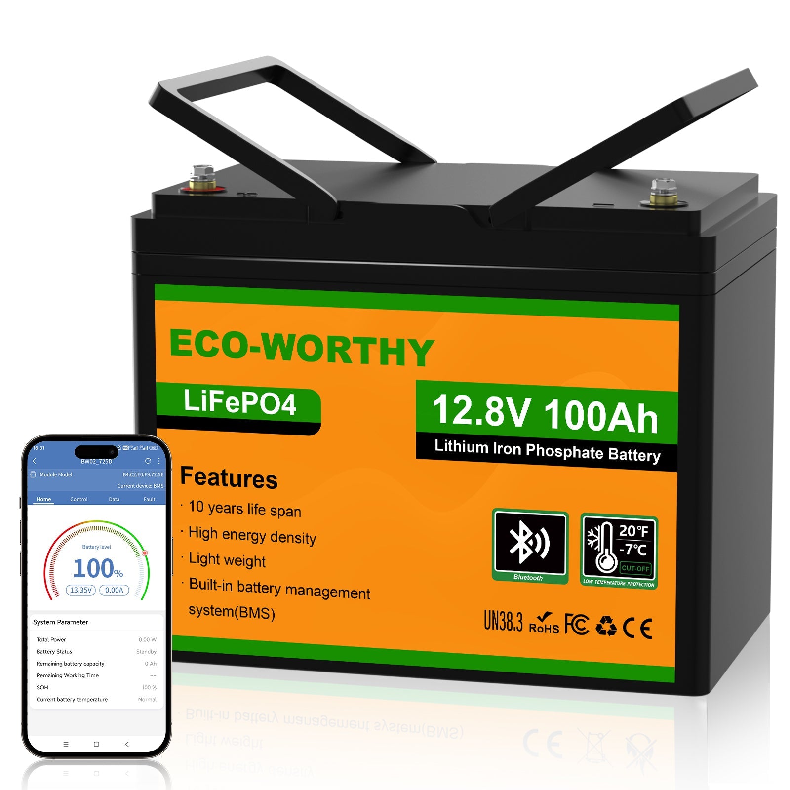 Upgraded LiFePO4 12V 100Ah Lithium Iron Phosphate Battery With Bluetooth,Low - temperature Protection,Dual Temperature Probes and Buzzer Fault Warning - lithium battery - ECO - WORTHY