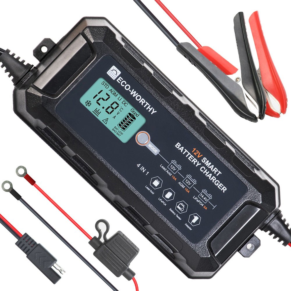 5A & 10A 12V Smart Battery Charger with LCD Display for Lithium (LiFePO4) Batteries - battery accessories - ECO - WORTHY