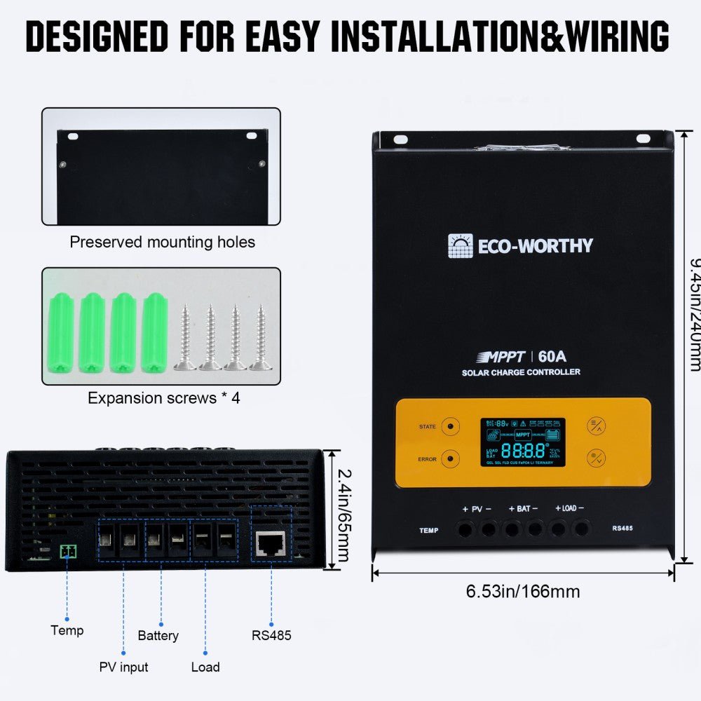 60A 12/24/36/48V MPPT OLED Display Solar Charge Controller Regulator - charge controller - ECO - WORTHY