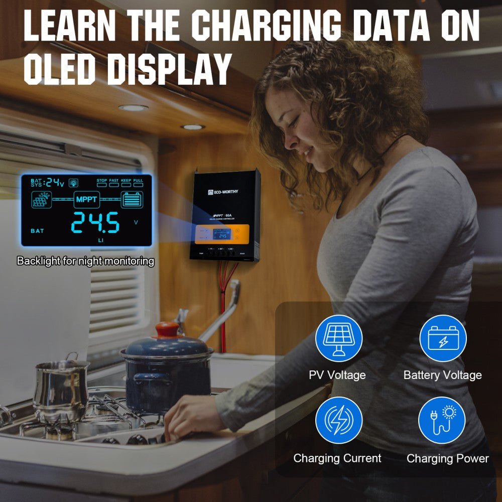 60A 12/24/36/48V MPPT OLED Display Solar Charge Controller Regulator - charge controller - ECO - WORTHY